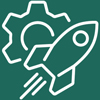rocket icon launching with gear symbol representing innovation and technology for productivity and efficiency in 6 projects