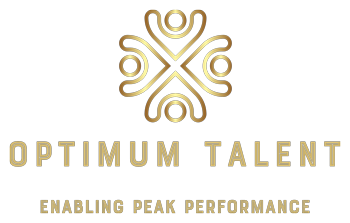 Optimum Talent logo featuring a distinctive design symbolizing performance and achievement with the tagline enabling peak performance and enhancing nine key attributes of success